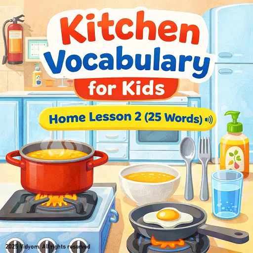 kitchen vocabulary for kids hero image with colorful kitchen items and Home Lesson 2 (25 words) title