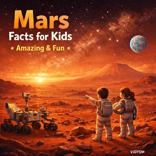 Mars fact for kids hero image showing two kids in space suits on the red Mars surface with a rover, mountains, and Earth in the sky.