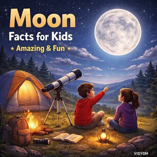 Moon fact for kids hero image showing two kids camping at night with a telescope, looking at a bright full moon in a starry sky.