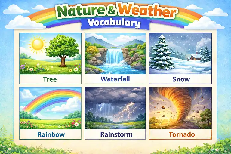 nature and weather vocabulary hero image showing sun rain clouds seasons and environmental words for kids