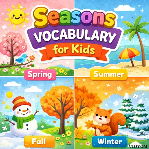 seasons vocabulary for kids hero image showing summer, rainy, winter and spring icons with children learning