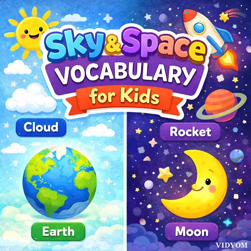 sky space vocabulary for kids hero image showing moon, stars, rocket, planet and kids learning space words