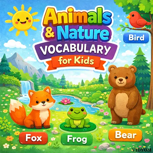 animals nature vocabulary for kids hero image showing forest animals like deer, bird, butterfly and kids learning