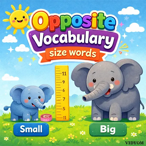 opposite vocabulary size words for kids showing big and small objects with picture flashcards