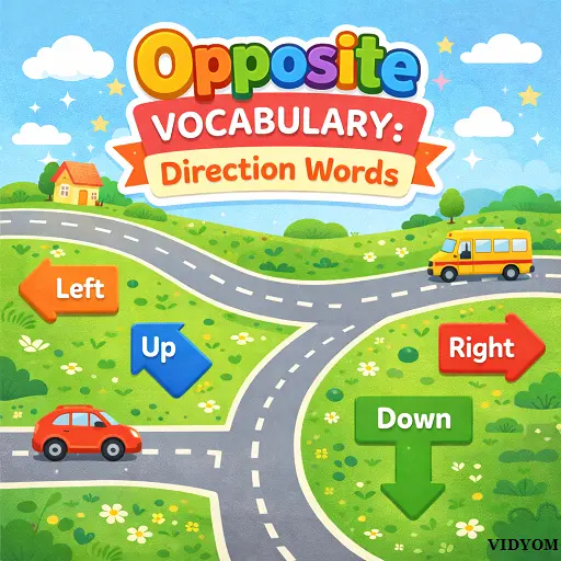 opposite vocabulary direction words for kids showing up down, left right, in out with arrows