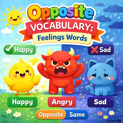 opposite vocabulary feelings words for kids showing happy sad, angry calm, excited bored faces