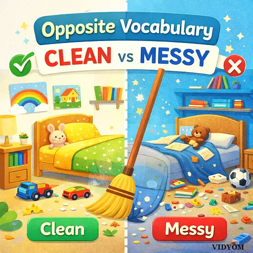 clean messy vocabulary opposite for kids showing tidy room vs dirty room with picture cards