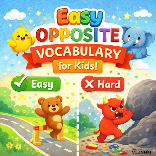 easy opposite vocabulary for kids showing hot cold, fast slow, open close, tall short with pictures