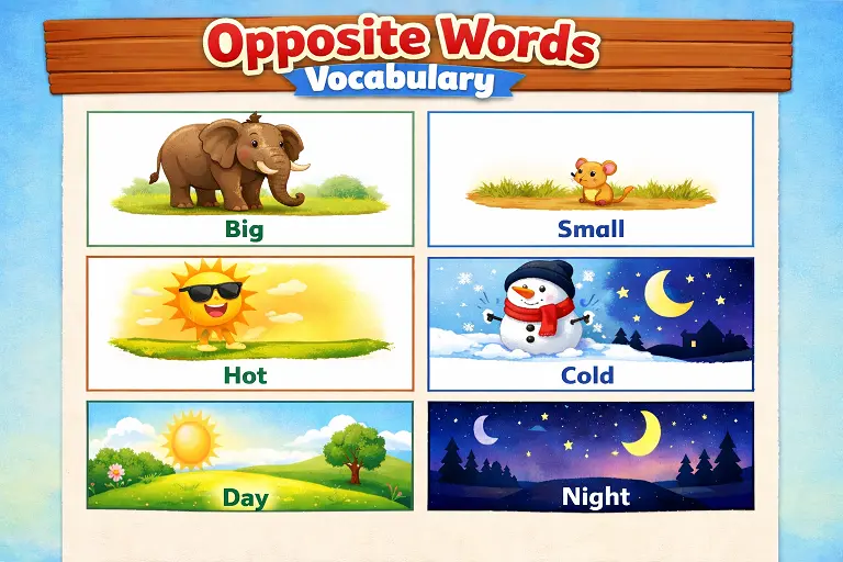 opposite words vocabulary hero image for kids learning antonyms with pictures and audio
