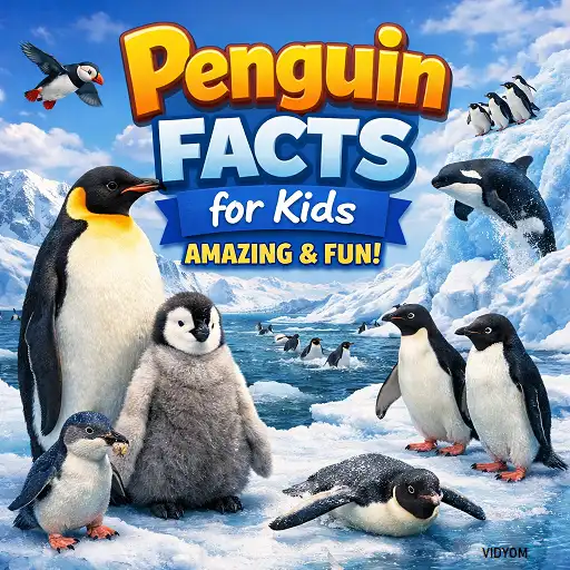 penguin fact for kids hero image showing real penguins on icy snow with bold title text
