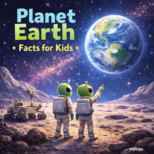 Planet earth fact for kids hero image showing two friendly aliens in space suits on the Moon looking at Earth in a starry sky.