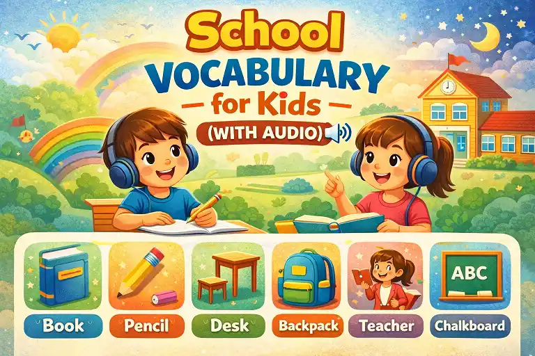 school vocabulary for kids hero image showing classroom objects and learning activities