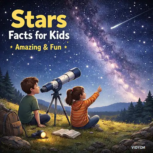 Stars fact for kids hero image showing two kids using a telescope under a bright starry sky with the Milky Way and a shooting star.