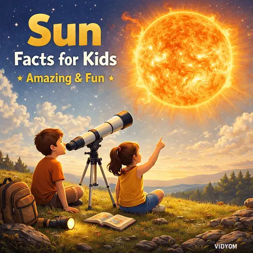 Sun fact for kids hero image showing two kids using a telescope and pointing at the bright Sun in the sky in a fun learning scene.