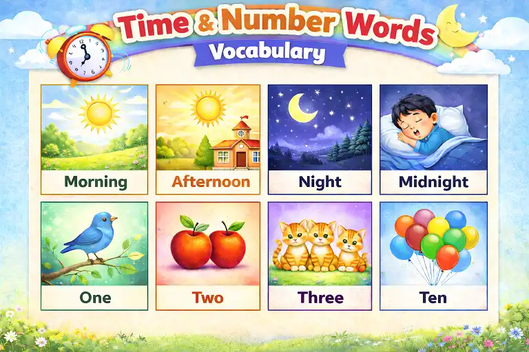 kids learning number words and time expressions with pictures and audio