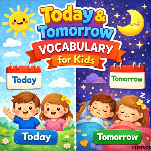 today tomorrow vocabulary for kids hero image showing calendar with today and tomorrow cards and a smiling child learning time words