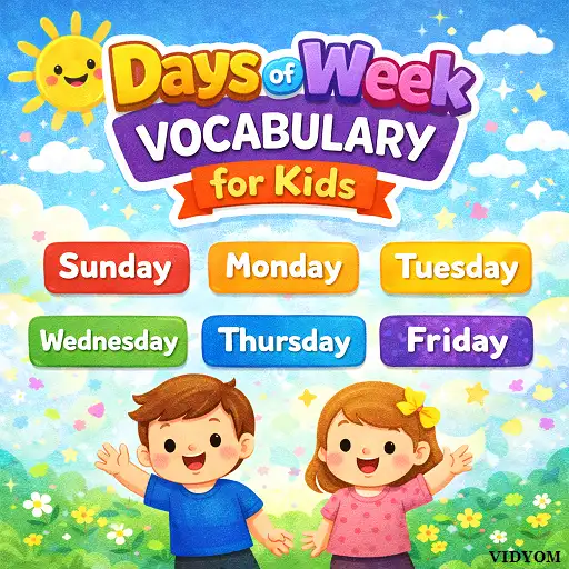 days of week vocabulary for kids hero image showing Monday to Sunday cards with colorful calendar and child learning