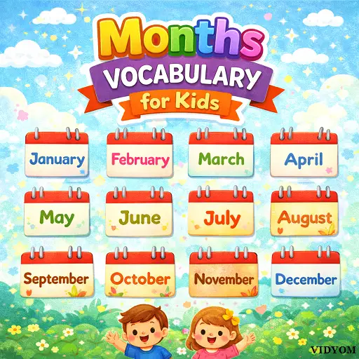 months vocabulary for kids hero image showing 12 months cards with seasonal icons and a happy child learning months