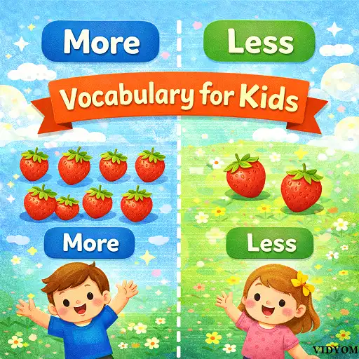 more less vocabulary for kids hero image showing comparison of more blocks and less blocks with fun arrows and kid learning