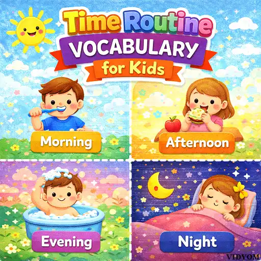 time routine vocabulary for kids hero image showing clock, morning afternoon evening night cards and a child learning daily routine time words