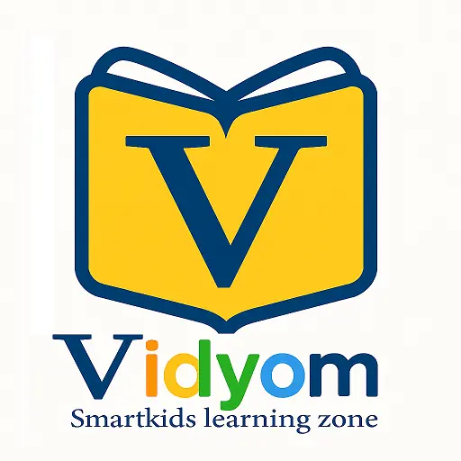 Vidyom logo of a yellow open book with a blue “V” – Smartkids learning zone (kids learning site)