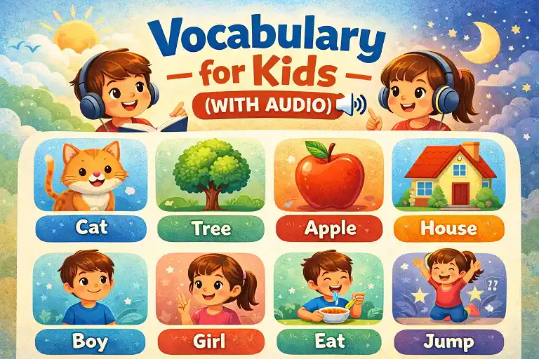 kids vocabulary lessons with audio hero image showing simple english words for children