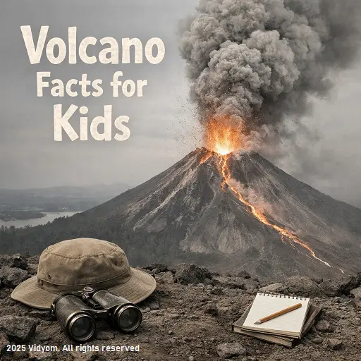 Volcano facts for kids hero image showing a real erupting volcano with smoke and flowing lava, in a simple kid-friendly style.