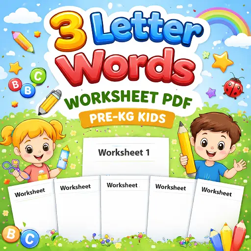 3 letter words worksheet PDF hero image for Pre-KG kids with worksheet cards and cute learning characters