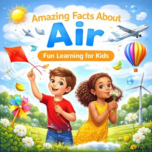 air facts for kids – kids flying a kite and blowing dandelion seeds with clouds, wind, and hot air balloon