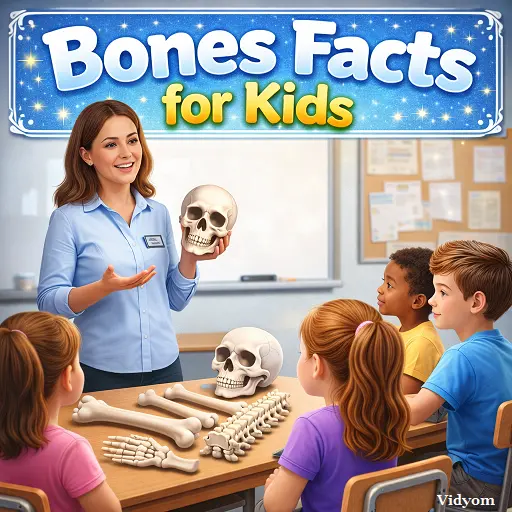 bones fact for kids – teacher explaining bones in a classroom with kids watching and bone pieces on the table