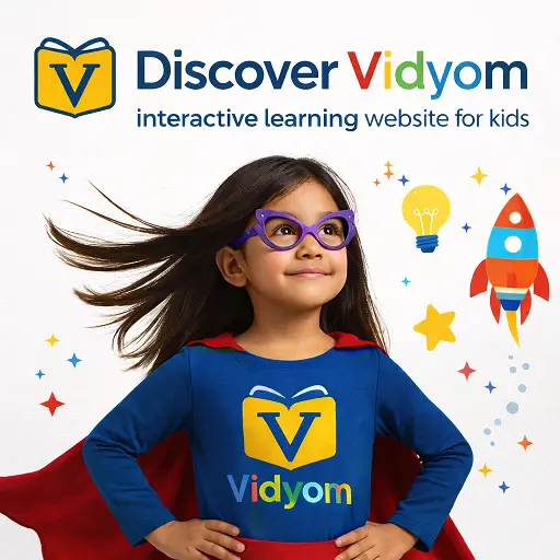 Discover Vidyom hero image showing a superhero girl with Vidyom logo and the tagline “interactive learning website for kids