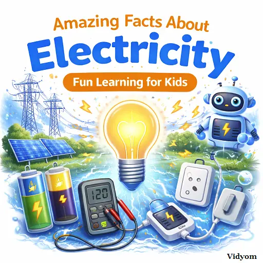 electricity fact for kids – glowing bulb, batteries, plug socket, robot, and power lines on a clean white background