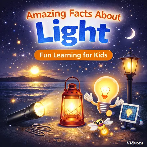 light fact for kids – realistic night scene with flashlight, lantern, street lamp, stars, and moon over the sea