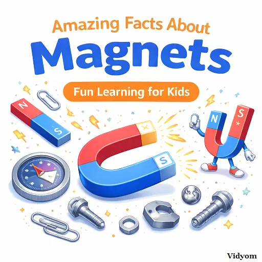 magnet fact for kids – red and blue horseshoe magnet attracting metal objects on a clean white background