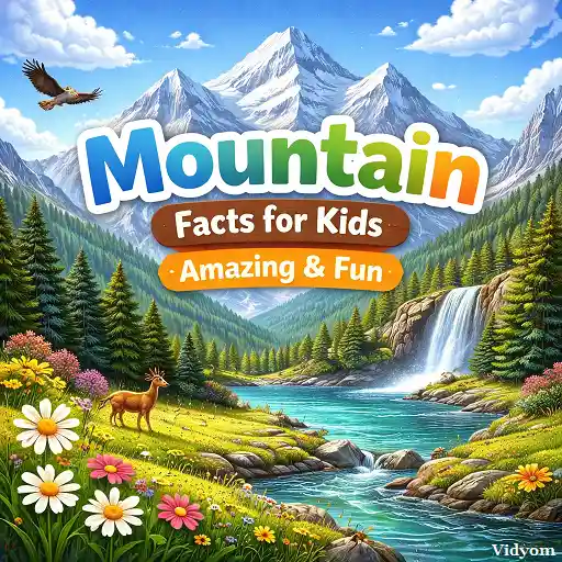 mountains fact for kids – tall snowy mountains with pine forest, river, and waterfall in a bright kid-friendly design