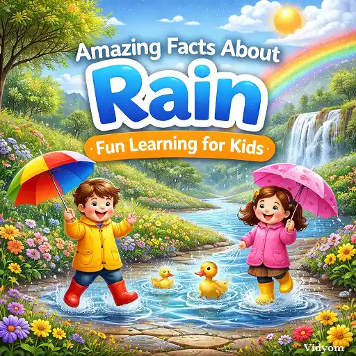 rain fact for kids – happy kids with umbrellas playing in rain puddles with rainbow and waterfall