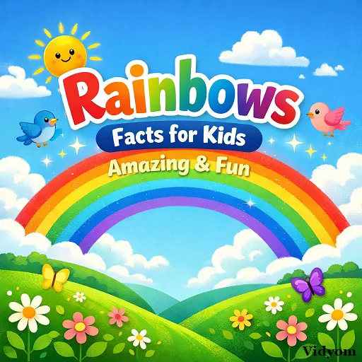rainbow fact for kids – colorful rainbow in sky with clouds, cute birds, and “Amazing & Fun” text