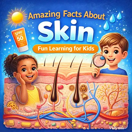 skin fact for kids – realistic skin layers cross-section with hair follicles, blood vessels, and “Fun Learning for Kids” title