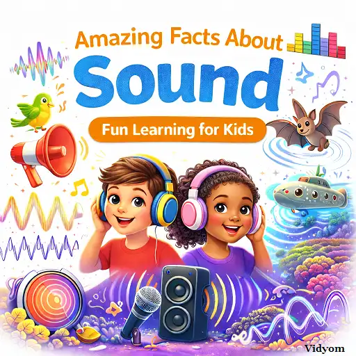 sound facts for kids – happy kids with headphones, sound waves, and megaphone on a white background