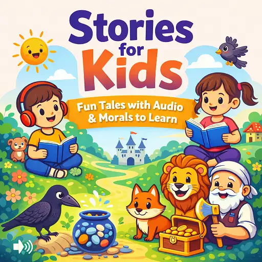 Stories for kids hero image with children reading books and cute characters like a lion, fox, crow, and a woodcutter in a simple colourful cartoon style