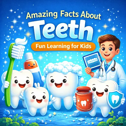 teeth fact for kids – smiling tooth characters with toothbrush and dentist, “Fun Learning for Kids” poster