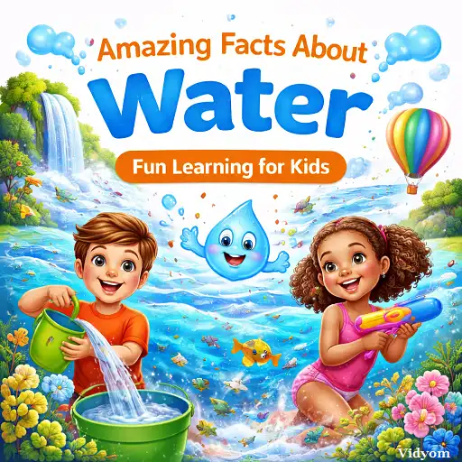 water facts for kids – happy kids playing with water, smiling water drop, river scene and waterfall