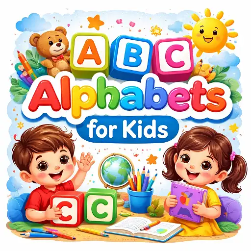alphabets for kids hero image with colorful ABC letters and happy children learning