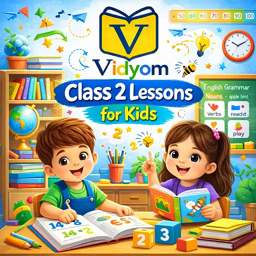 primary school class 2 learning hero image with Vidyom logo and children studying math and grammar