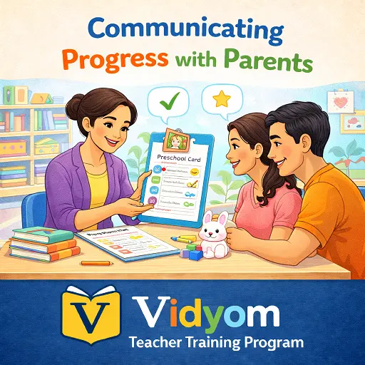 communicating progress with parents showing a preschool teacher explaining a child's report card to parents in a classroom