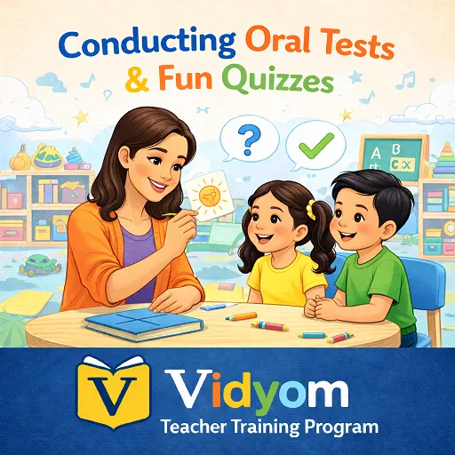 conducting oral tests and fun quizzes showing a preschool teacher asking questions to children in a classroom