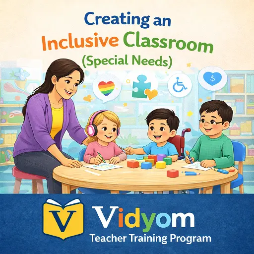 creating an inclusive classroom for special needs showing a preschool teacher helping diverse children including a child with wheelchair and headphones in a friendly classroom