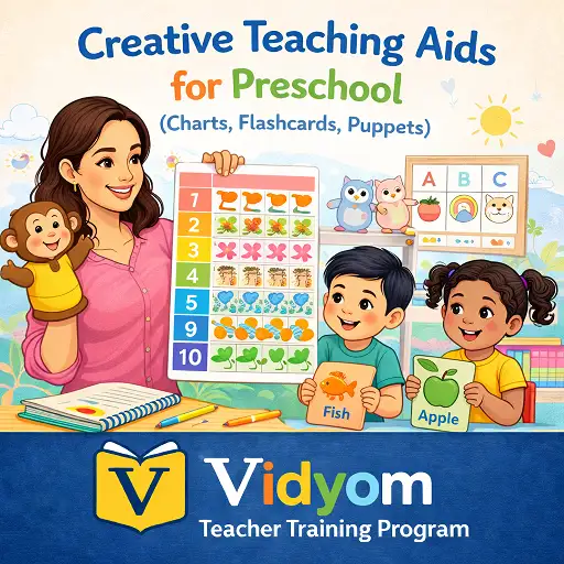creative teaching aids for preschool showing a teacher using charts flashcards and puppets with children in a classroom