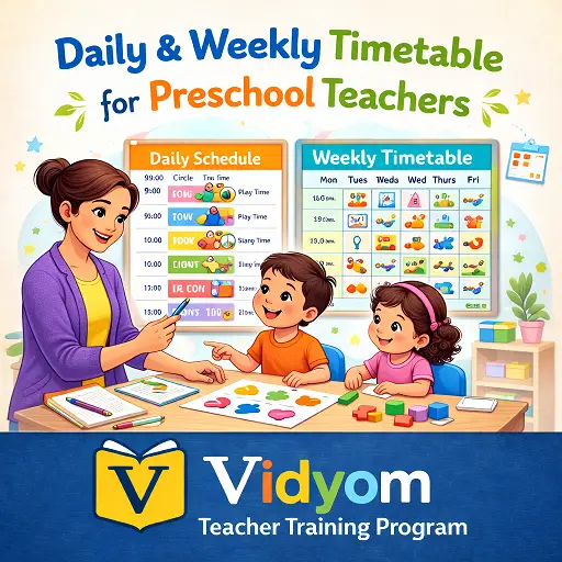 daily and weekly timetable for preschool teachers showing a teacher planning classroom schedule with young children
