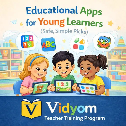 educational apps for young learners showing teacher guiding preschool children using safe learning apps on a tablet